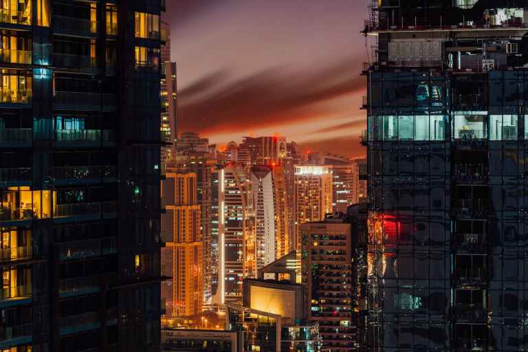 lighted buildings at night