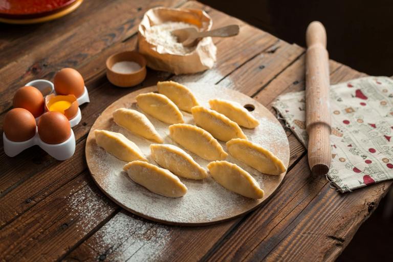 pastries on wooden tray