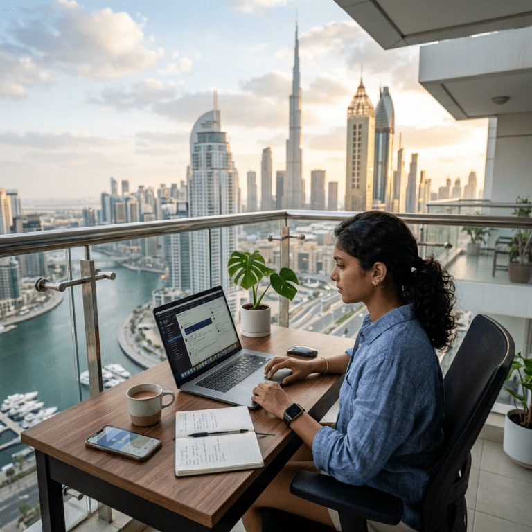 Woman working on laptop at balcony table overlooking Dubai skyline