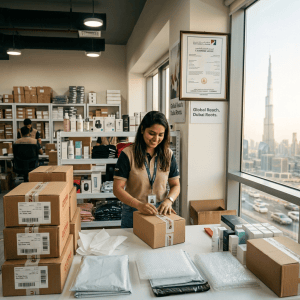 Business Setup in Dubai Freezone | Start with BizDaddy 23 Employee packing a shipping box beside stacked e-commerce orders