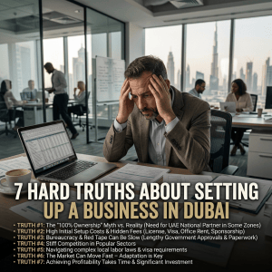 Text reads: "7 HARD TRUTHS ABOUT SETTING UP A BUSINESS IN DUBAI." Truth #1: The "100% Ownership" Myth vs. Reality (Need for UAE National Partner in Some Zones). Truth #2: High Initial Setup Costs & Hidden Fees (License, Visa, Office Rent, Sponsorship). Truth #3: Bureaucracy & Red Tape Can Be Slow (Lengthy Government Approvals & Paperwork). Truth #4: Stiff Competition in Popular Sectors. Truth #5: Navigating complex local labor laws & visa requirements. Truth #6: The Market Can Move Fast – Adaptation is Key. Truth #7: Achieving Profitability Takes Time & Significant Investment.