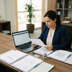 Professional reviewing documents beside a laptop at an office desk