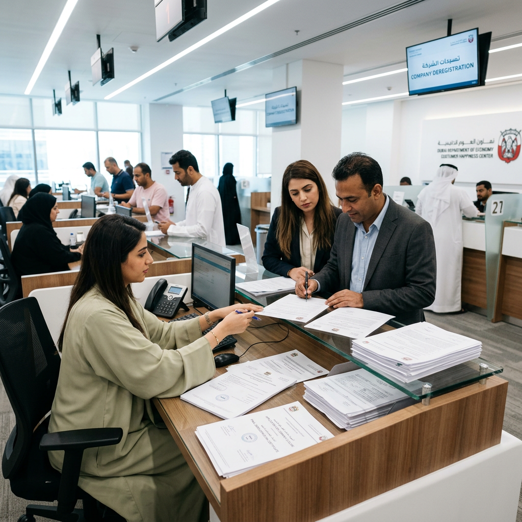 Customer signing company deregistration documents at a government service counter