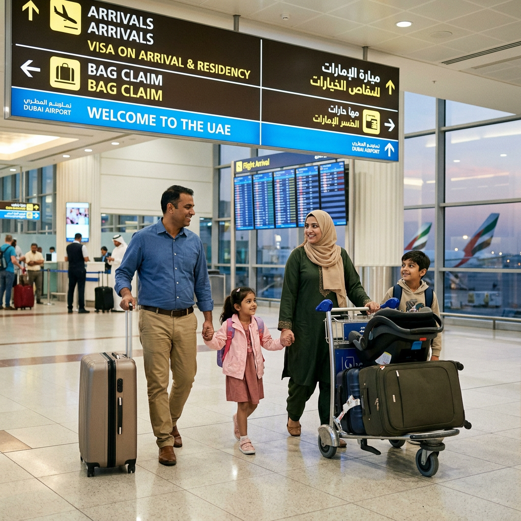 Family arriving at Dubai Airport beneath signs for arrivals, visa on arrival, and baggage claim