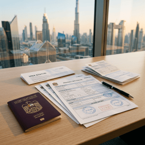 UAE passport, visa status letter, and residency application forms overlooking Dubai skyline