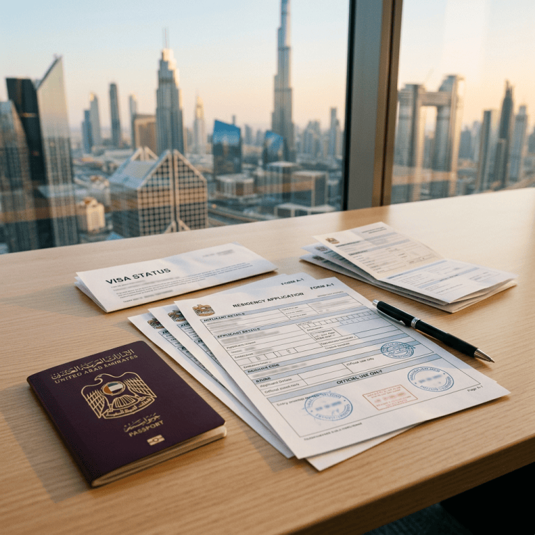 UAE passport, visa status letter, and residency application forms overlooking Dubai skyline