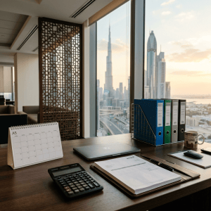 Organized Dubai business finance desk with folders