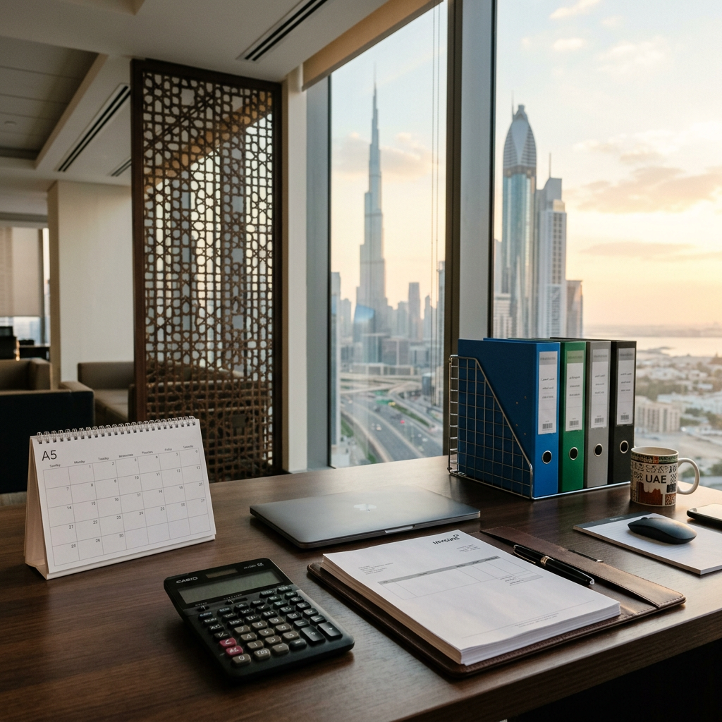 Organized Dubai business finance desk with folders