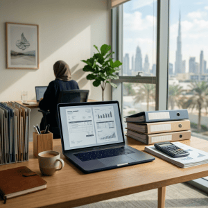 Office desk with laptop displaying financial reports and city skyline view