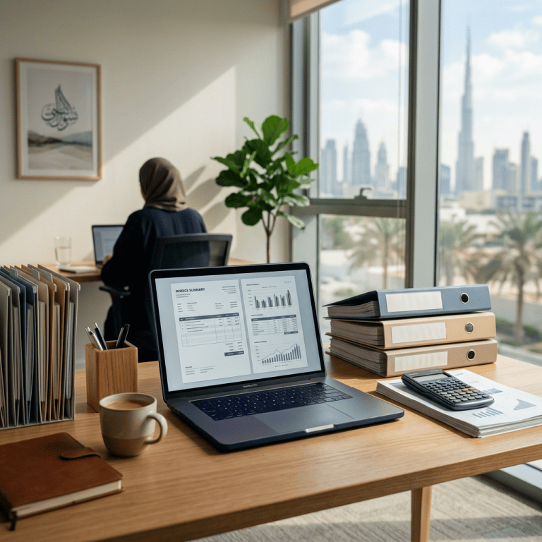 Office desk with laptop displaying financial reports and city skyline view