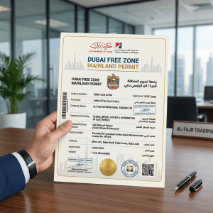 Dubai Free Zone Mainland Permit for Al-Fajr International Trading FZE, valid until 15 Oct 2025.