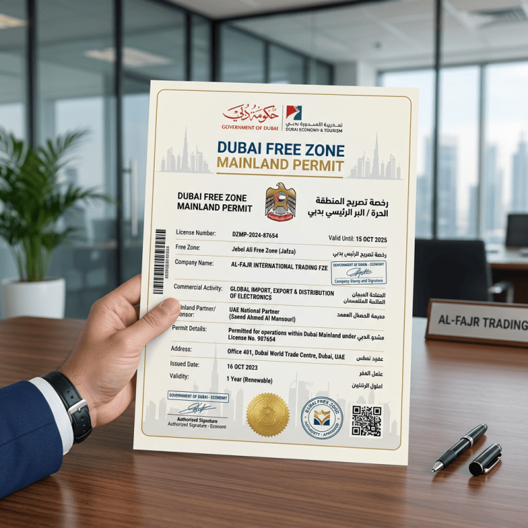 Dubai Free Zone Mainland Permit for Al-Fajr International Trading FZE, valid until 15 Oct 2025.